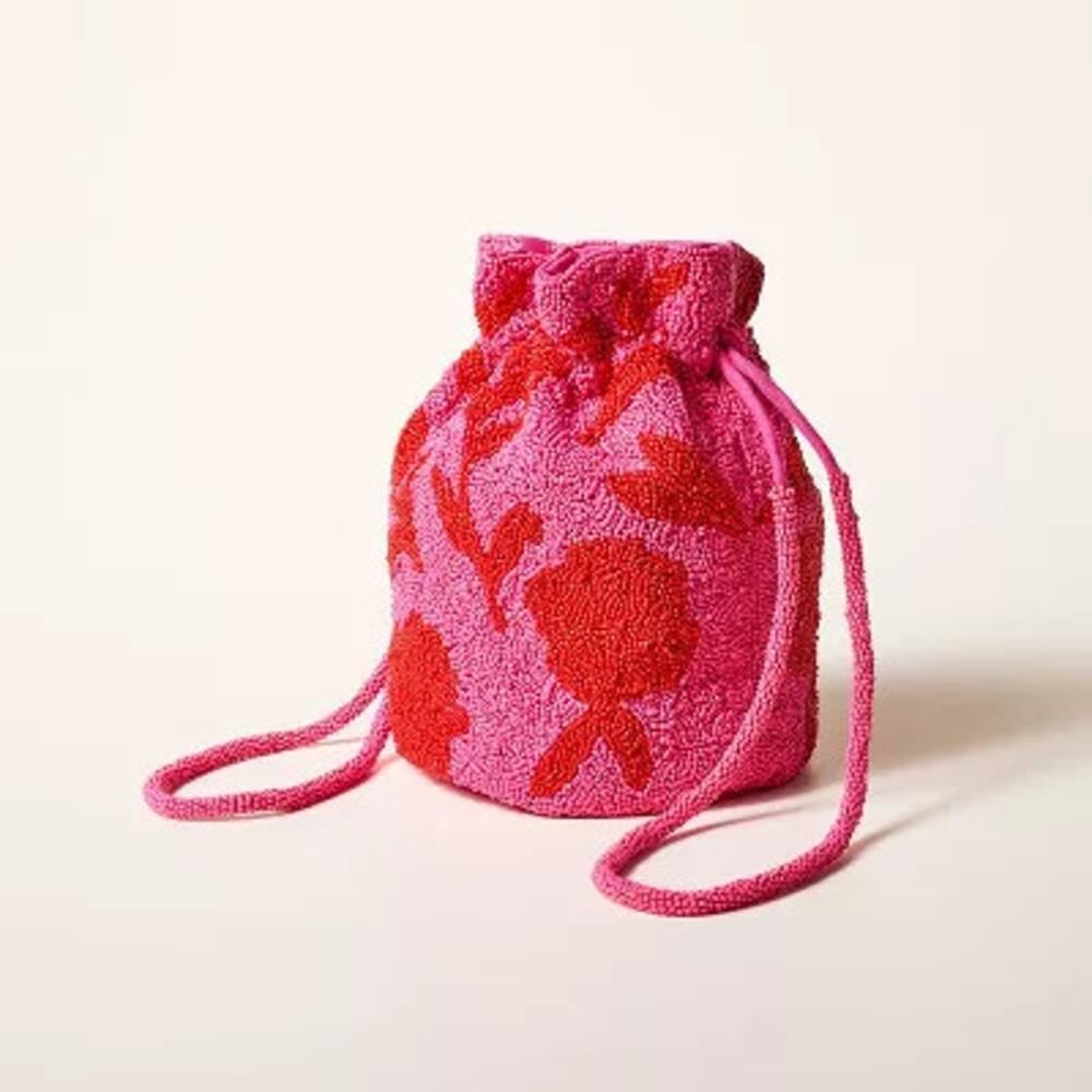 NWT Kate Spade x Target Beaded‎ Floral Bucket Bag Pink/Red Drawstring - Picture 3 of 4